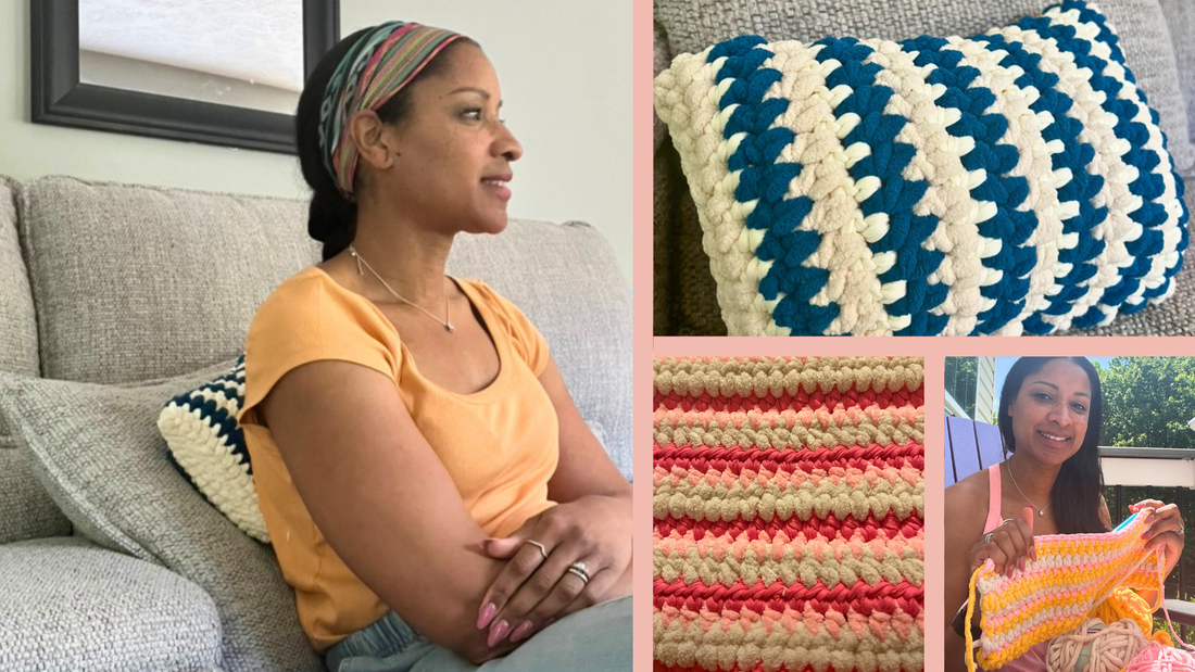 Woman with mini pillow on couch
