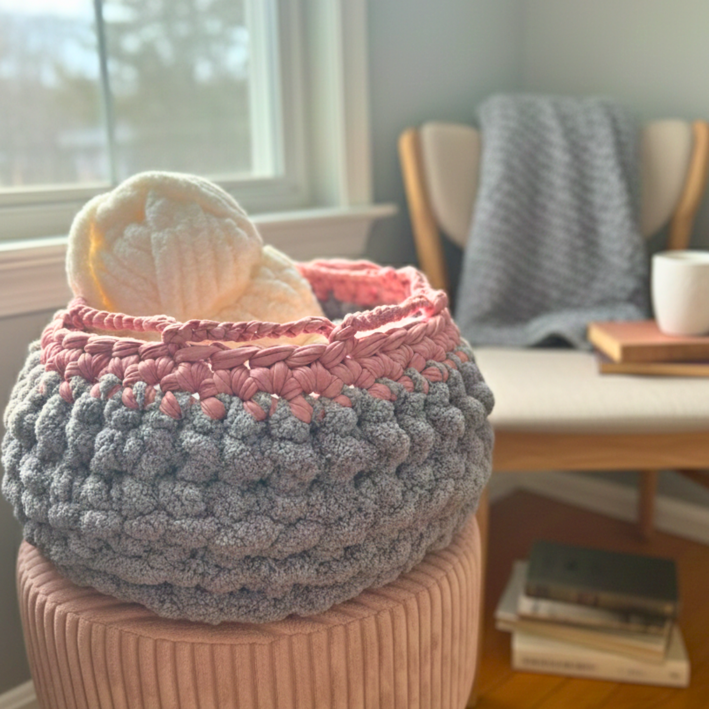 Dusky Rose Comfort Cradle Basket - Crocheted Storage Basket