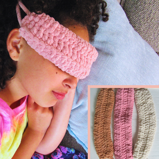 Girl wearing Crocheted Sleep Mask to sleep and Crocheted Sleep Mask in dark beige, white and pink
